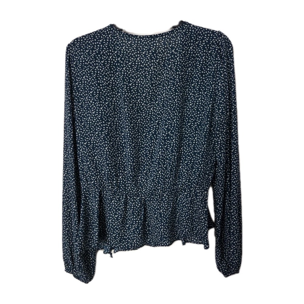 Anthropologie Nine Britton Faux Wrap Blouse Green White Long Sleeve, Petite L - Picture 3 of 3